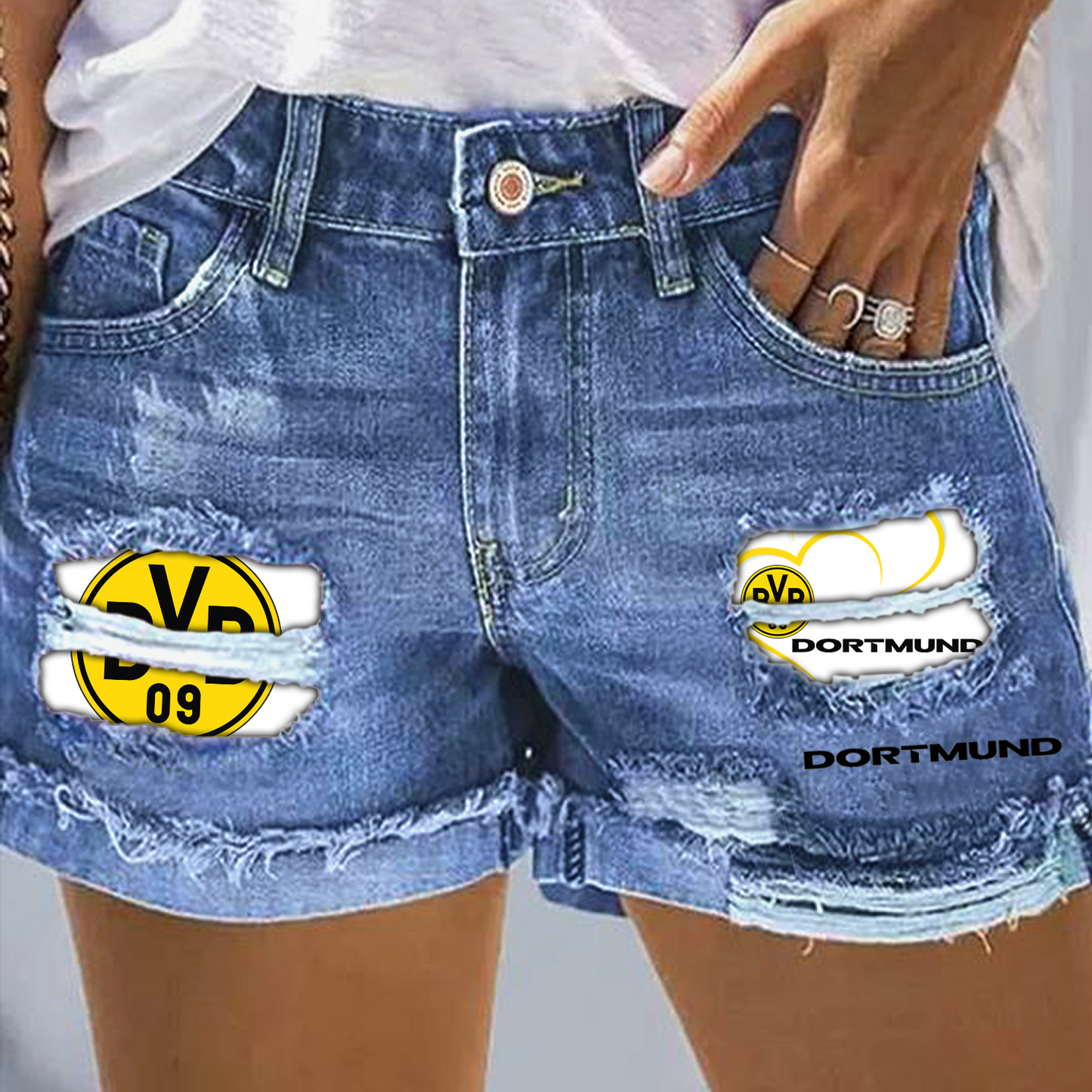 Borussia Dortmund Rip Print Fashion Denim Shorts NDD