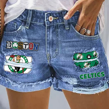 Boston Celtics Rip Print Fashion Denim Shorts