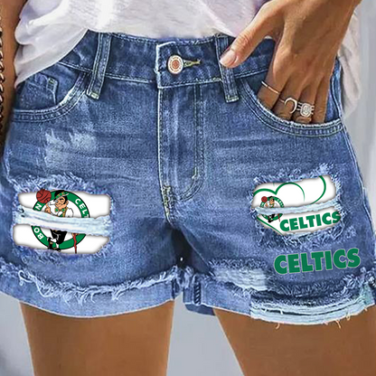 Boston Celtics Rip Print Fashion Denim Shorts