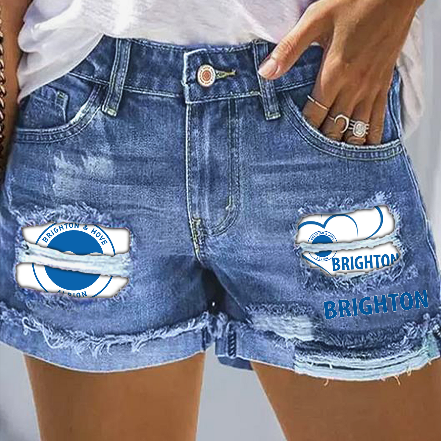 Brighton & Hove Albion Rip Print Fashion Denim Shorts