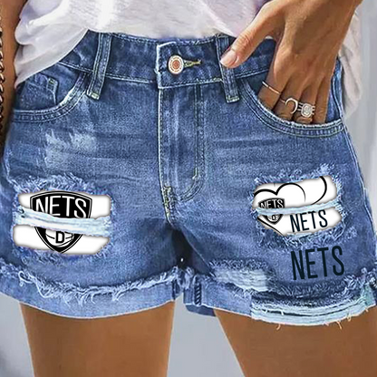Brooklyn Nets Rip Print Fashion Denim Shorts