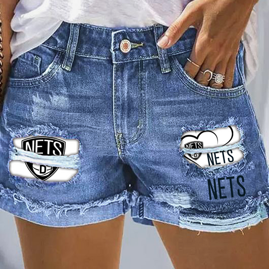 Brooklyn Nets Rip Print Fashion Denim Shorts