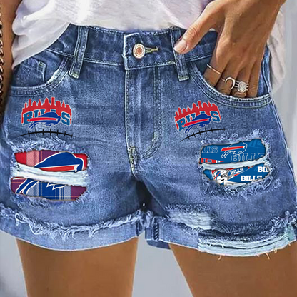 Buffalo Bills Rip Print Fashion Denim Shorts NDD