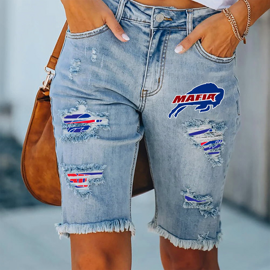 Buffalo Bills Ripped Print Fashion Quarter Denim Mid Length Pants NDD