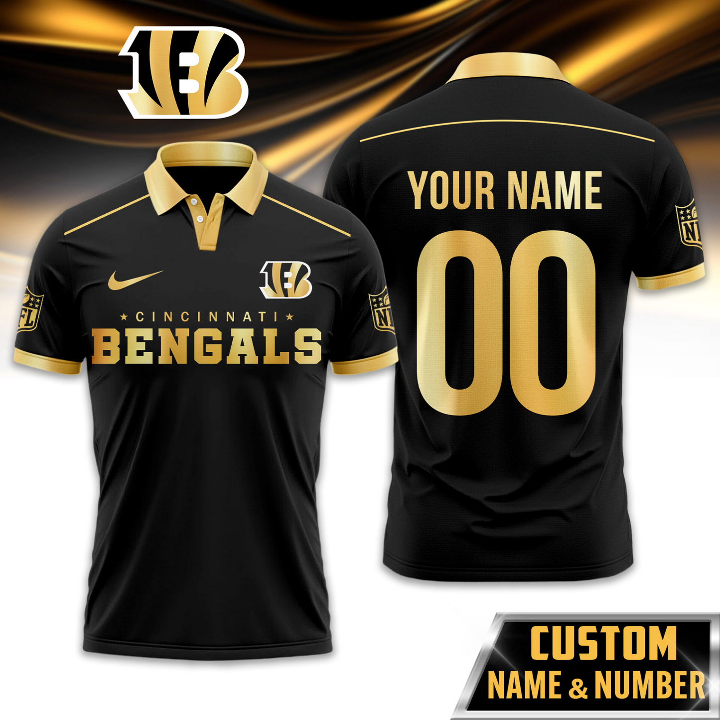 CIN Premium NFL Black And Gold Custom Polo DDT CTND