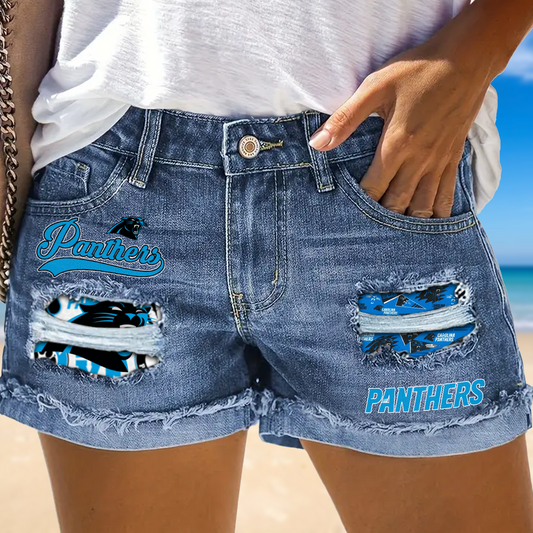 Carolina Panthers Rip Print Fashion Denim Shorts NDD