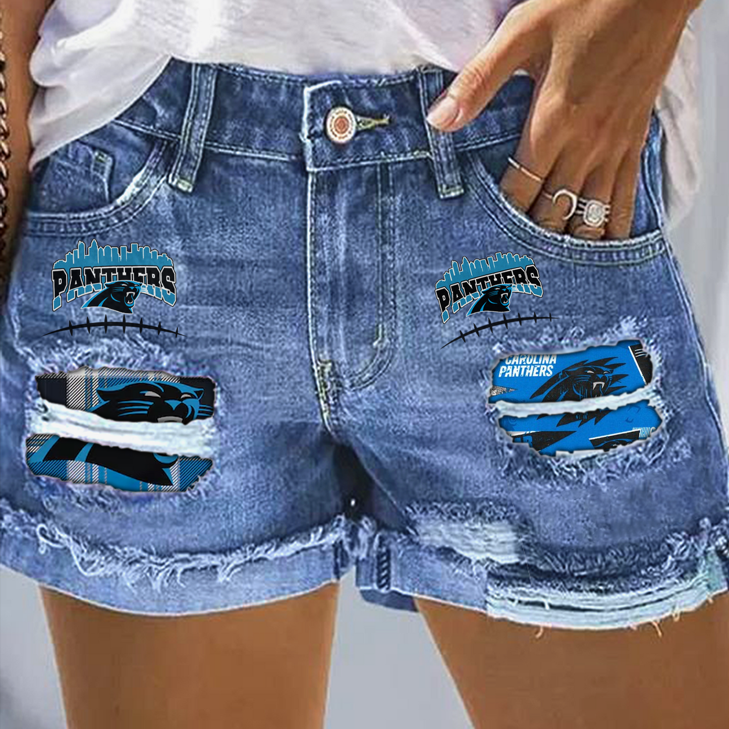 Carolina Panthers Rip Print Fashion Denim Shorts NDD