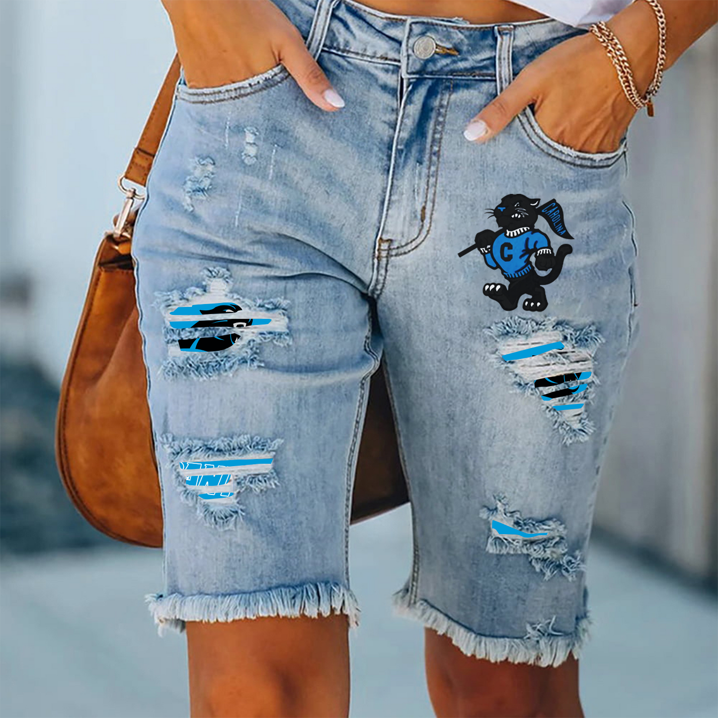 Carolina Panthers Ripped Print Fashion Quarter Denim Mid Length Pants NDD