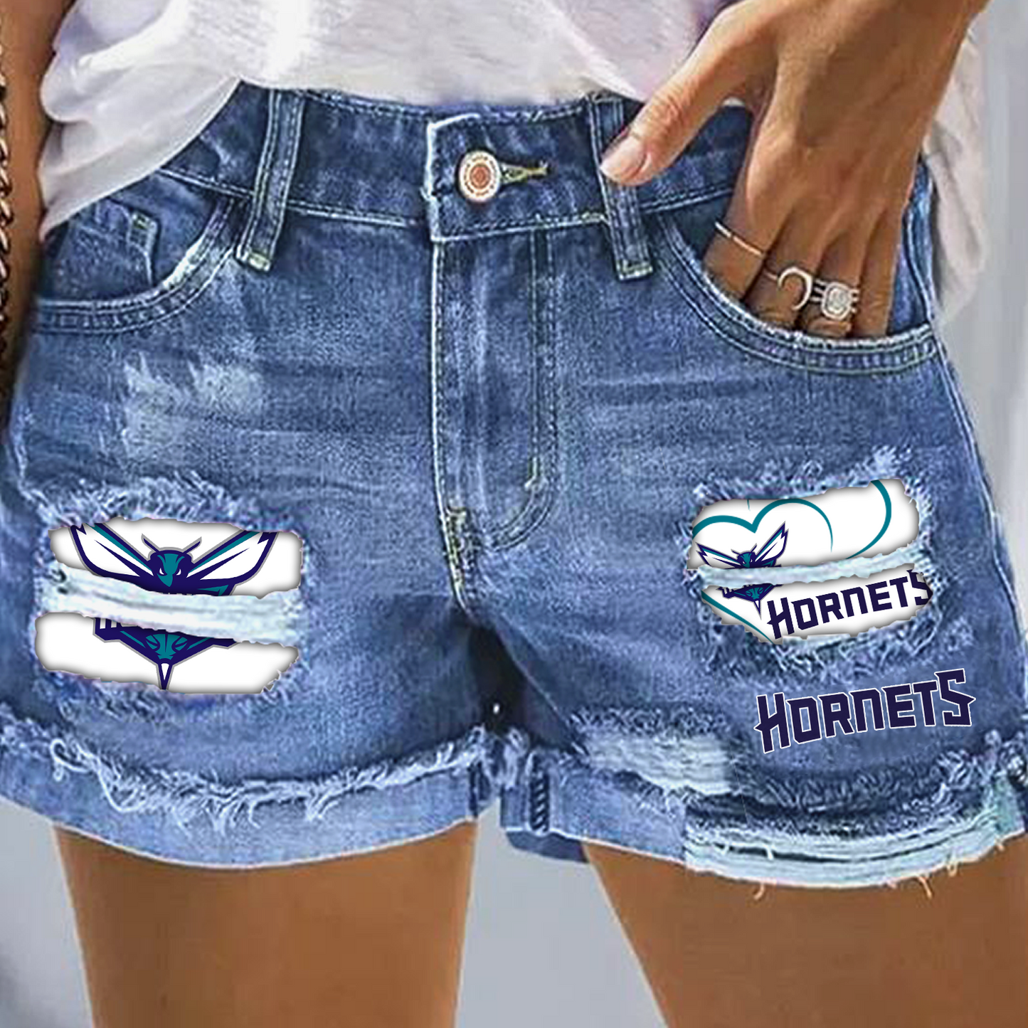Charlotte Hornets Rip Print Fashion Denim Shorts