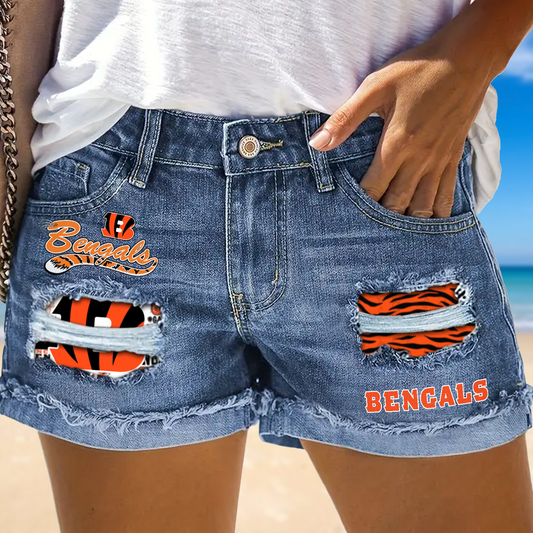 Cincinnati Bengals Rip Print Fashion Denim Shorts NDD