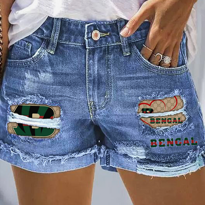 Cincinnati Bengals Gucci Rip Print Fashion Denim Shorts NDD