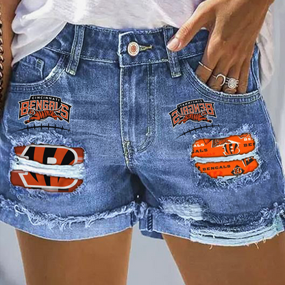 Cincinnati Bengals Rip Print Fashion Denim Shorts NDD