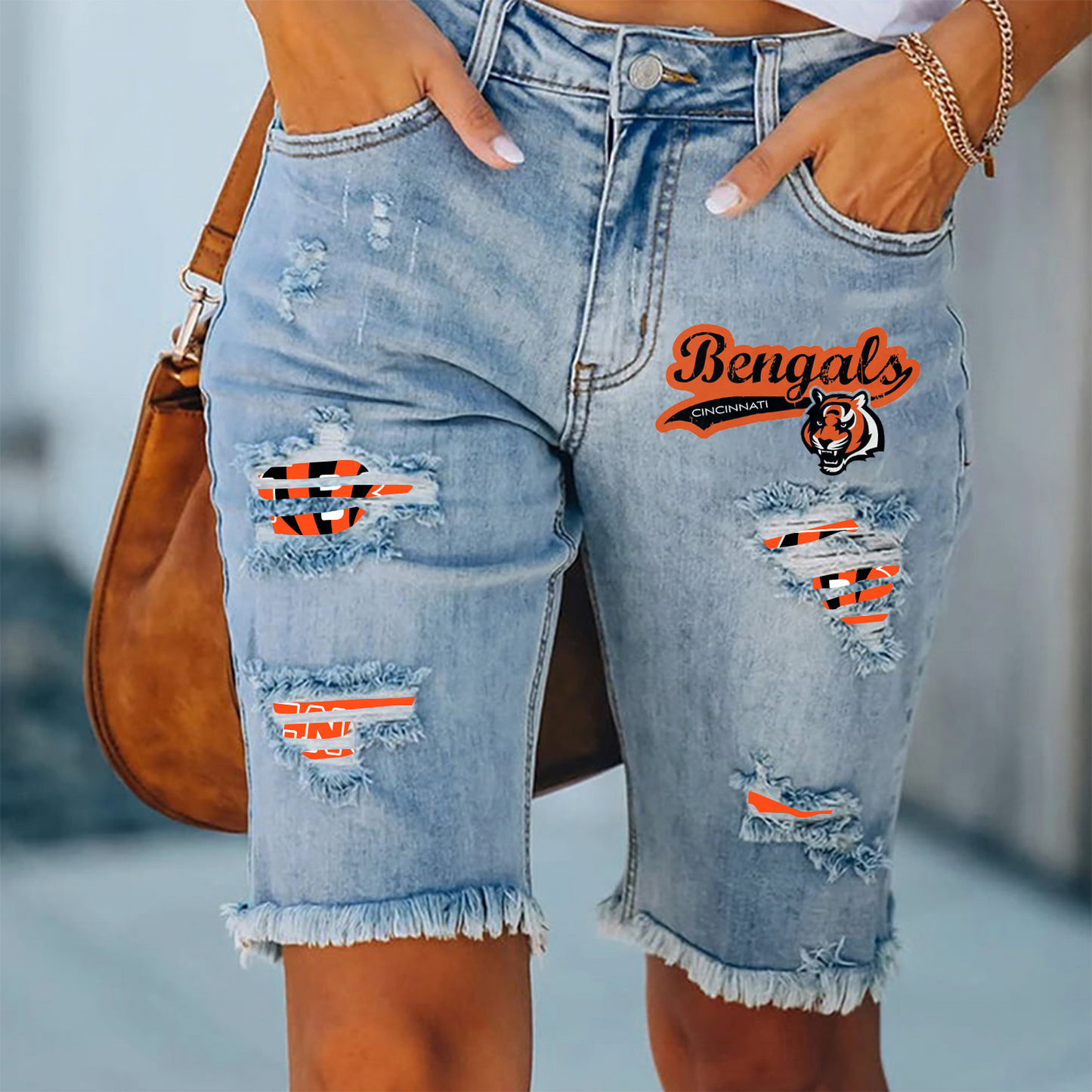 Cincinnati Bengals Ripped Print Fashion Quarter Denim Mid Length Pants NDD