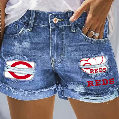 Cincinnati Reds Print Fashion Denim Shorts