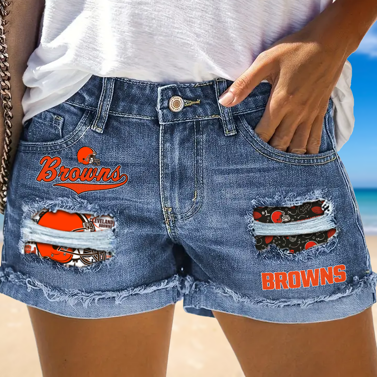 Cleveland Browns Rip Print Fashion Denim Shorts NDD