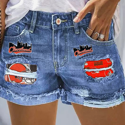 Cleveland Browns Rip Print Fashion Denim Shorts NDD