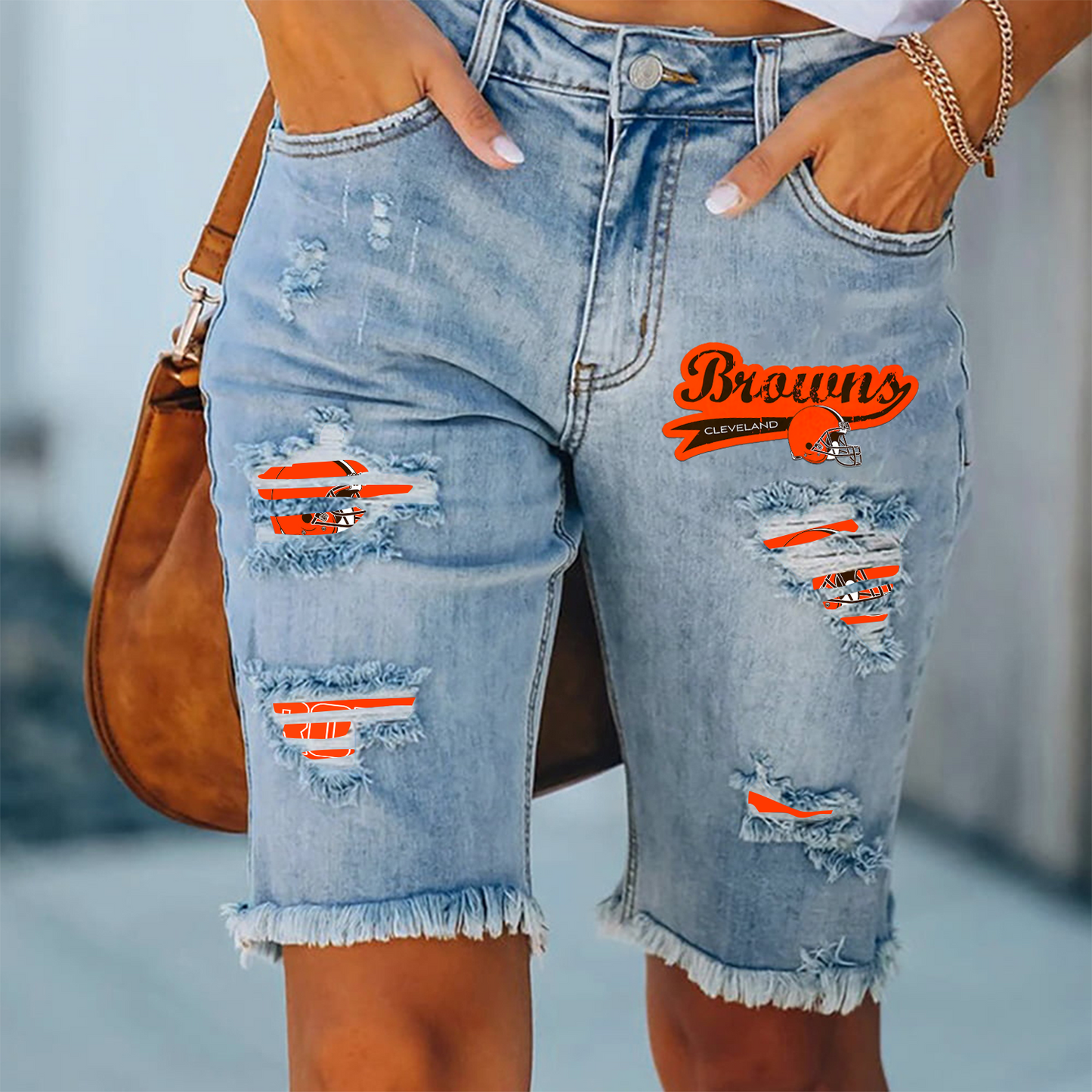 Cleveland Browns Ripped Print Fashion Quarter Denim Mid Length Pants NDD