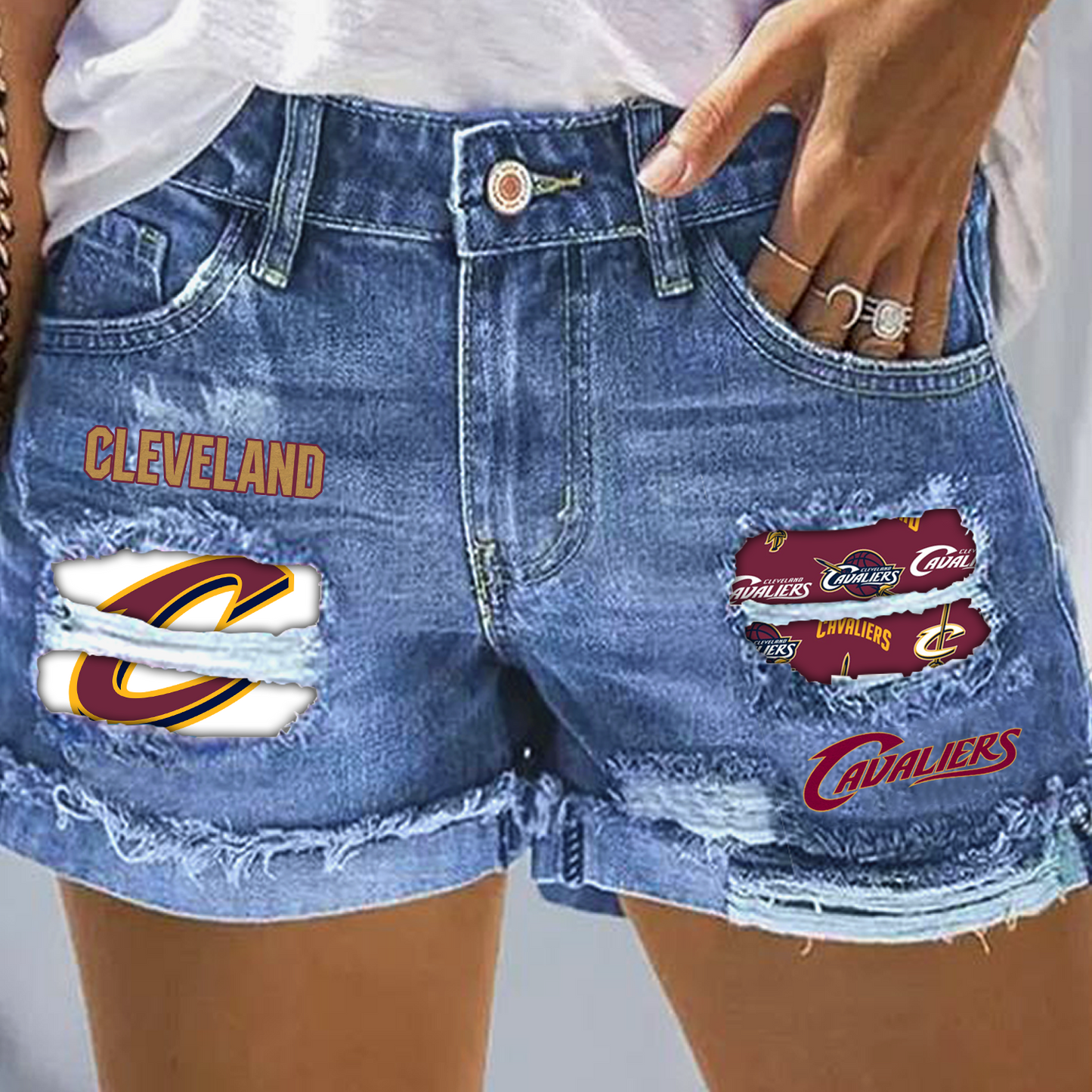 Cleveland Cavaliers Rip Print Fashion Denim Shorts