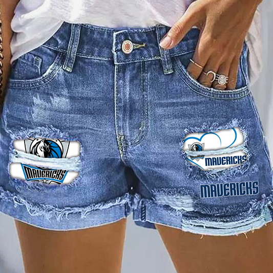 Dallas Mavericks Rip Print Fashion Denim Shorts