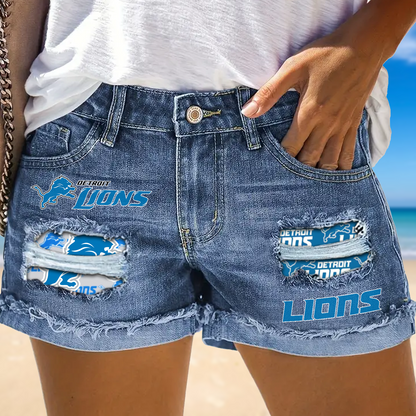 Detroit Lions Rip Print Fashion Denim Shorts NDD