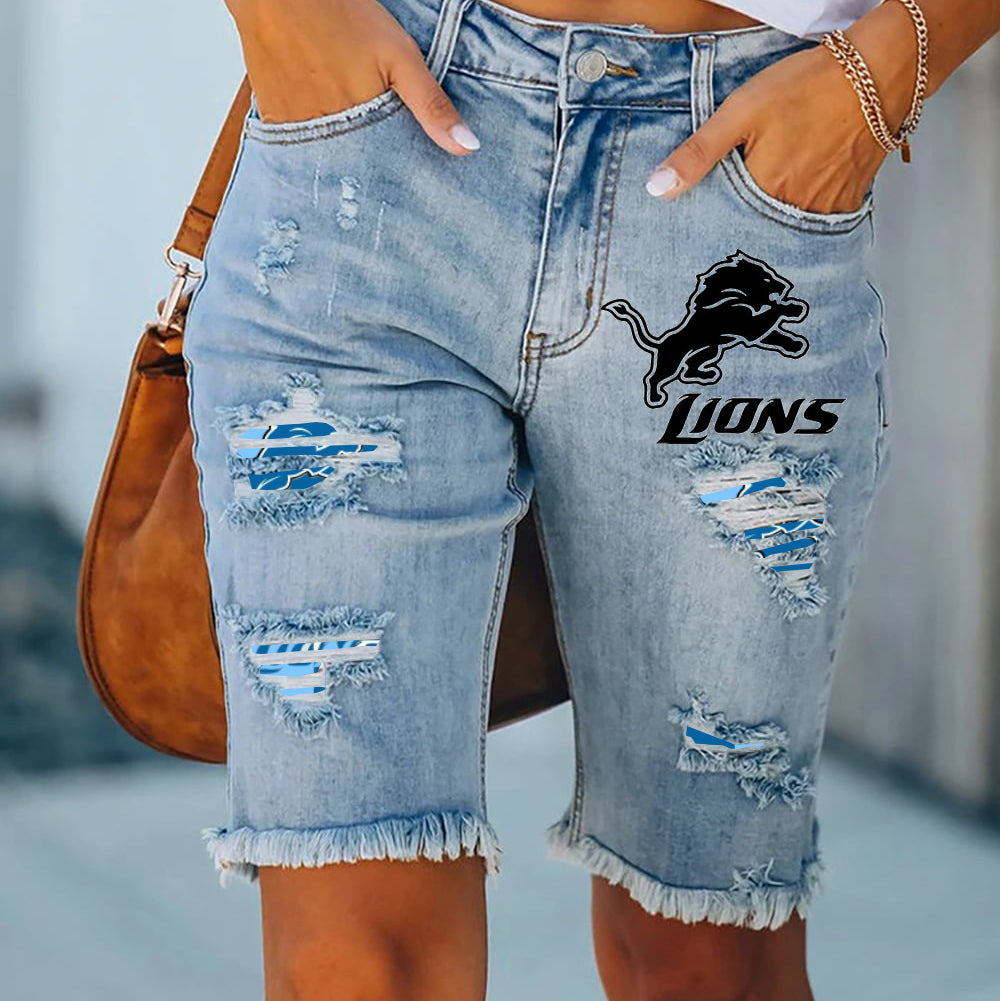 Detroit Lions Ripped Print Fashion Quarter Denim Mid Length Pants NDD