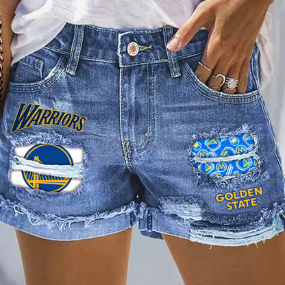Golden State Warriors Rip Print Fashion Denim Shorts