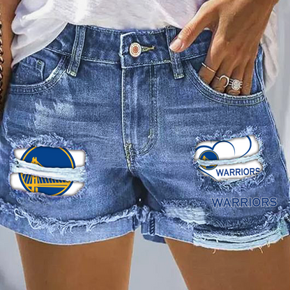 Golden State Warriors Rip Print Fashion Denim Shorts