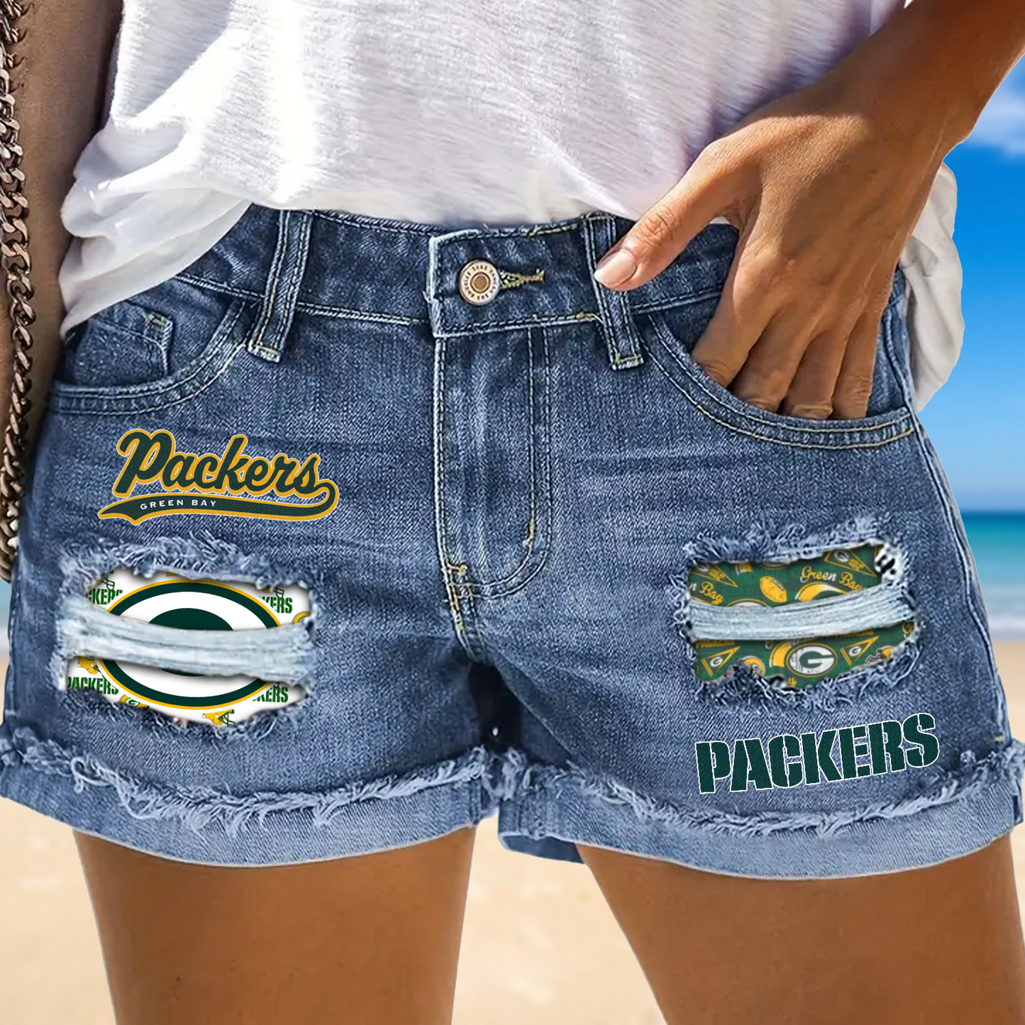 Green Bay Packers Rip Print Fashion Denim Shorts NDD
