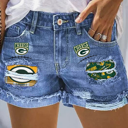 Green Bay Packers Rip Print Fashion Denim Shorts NDD