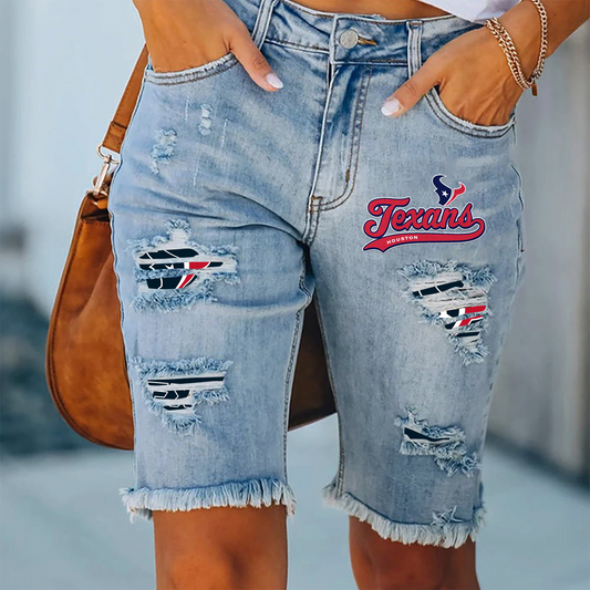 Houston Texans Ripped Print Fashion Quarter Denim Mid Length Pants NDD