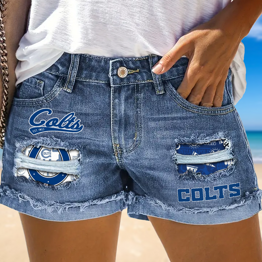 Indianapolis Colts Rip Print Fashion Denim Shorts NDD