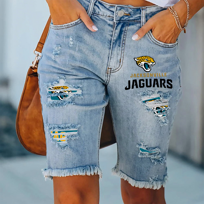 Jacksonville Jaguars Ripped Print Fashion Quarter Denim Mid Length Pants NDD