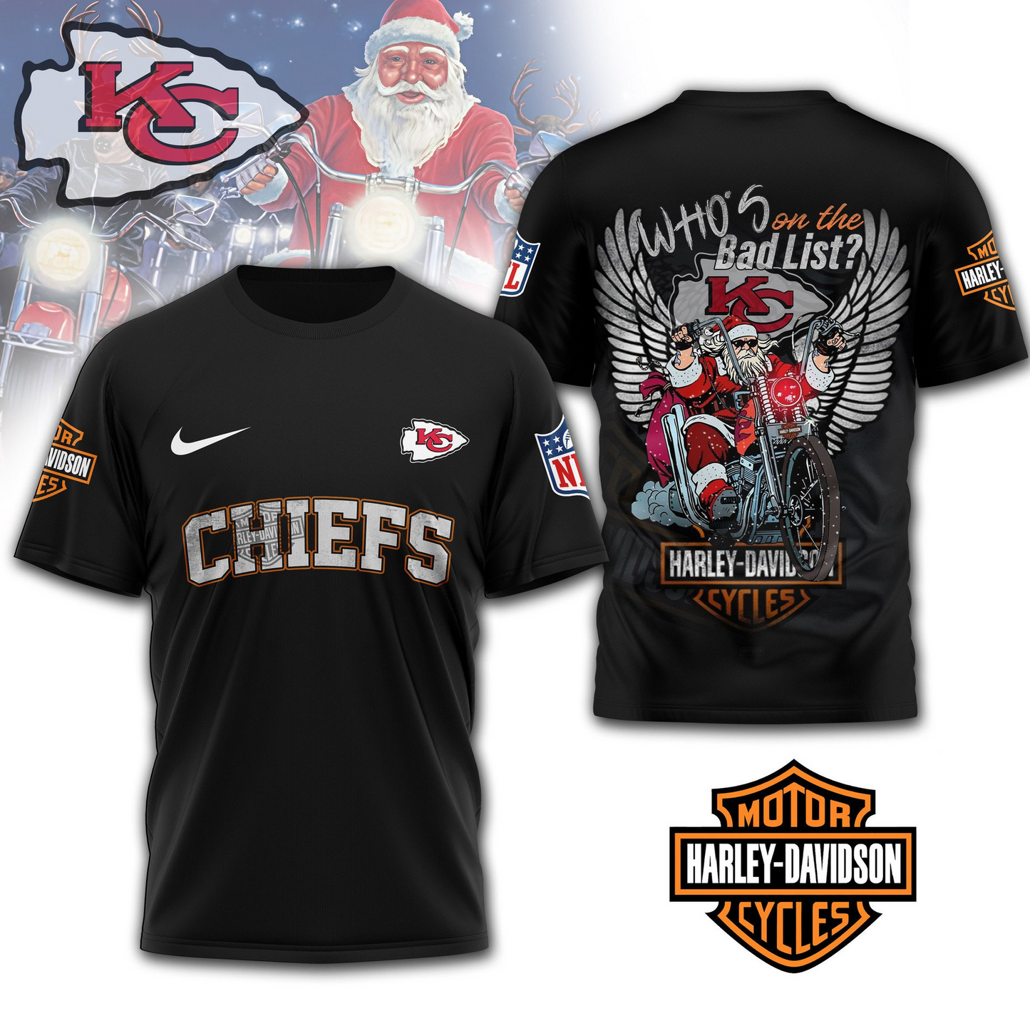 KCC Premium NFL Harley-Davidson Santa Claus 3D Shirt DDT NTL