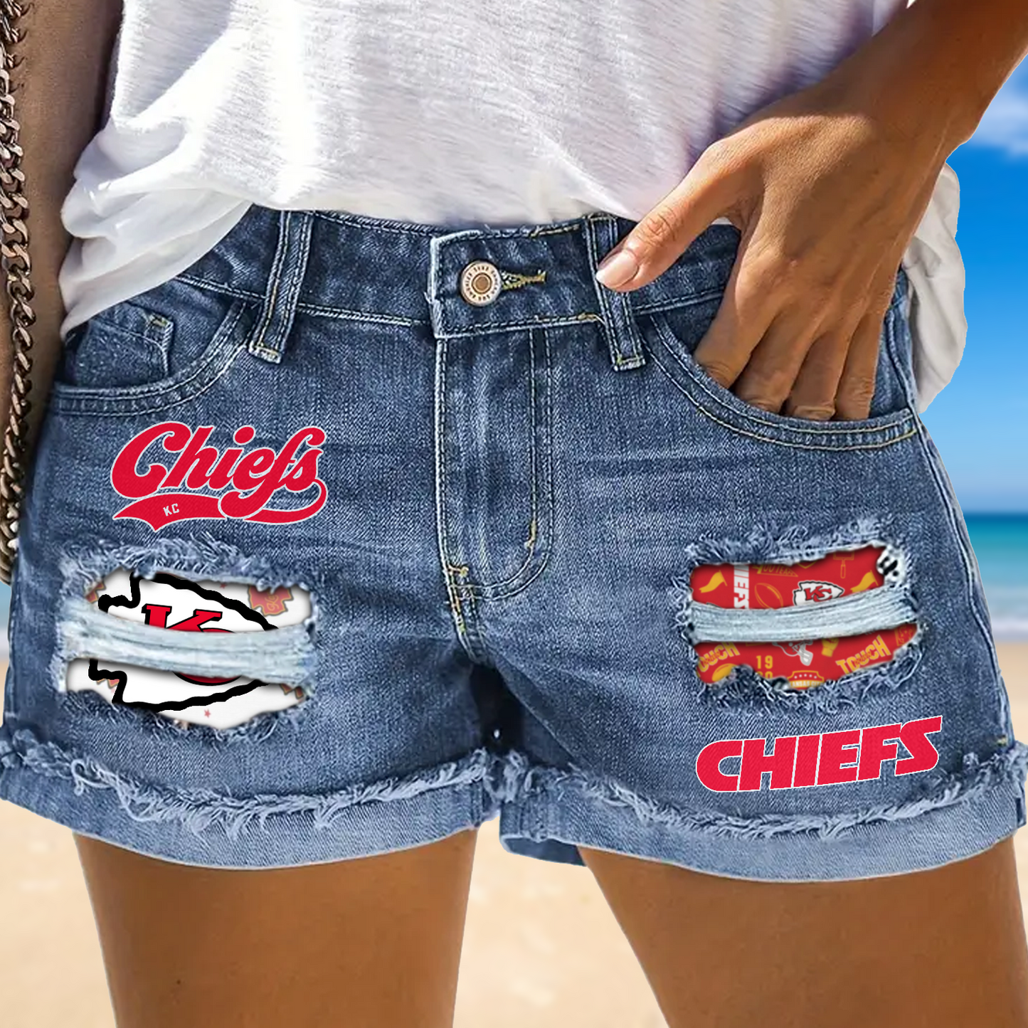 Kansas City Chiefs Rip Print Fashion Denim Shorts 1504 NDD