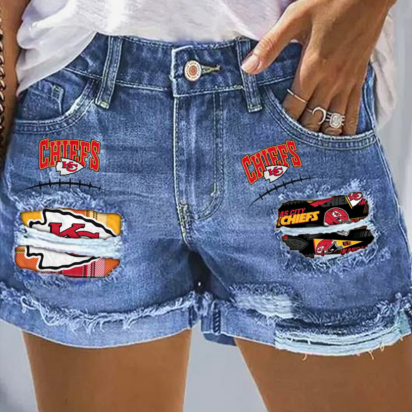 Kansas City Chiefs Rip Print Fashion Denim Shorts NDD