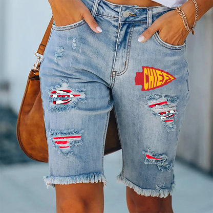 Kansas City Chiefs Ripped Print Fashion Quarter Denim Mid Length Pants NDD