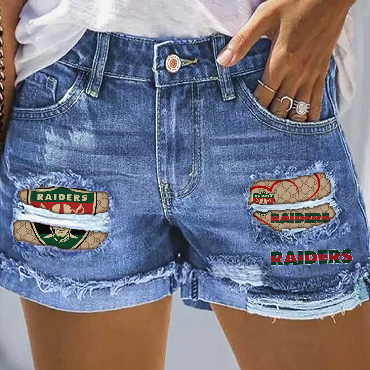 Las Vegas Raiders Gucci Rip Print Fashion Denim Shorts NDD