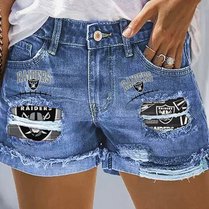 Las Vegas Raiders Rip Print Fashion Denim Shorts NDD