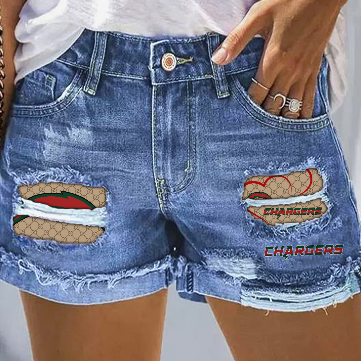 Los Angeles Chargers Gucci Rip Print Fashion Denim Shorts NDD