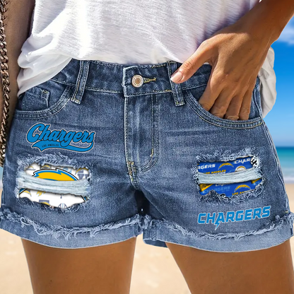Los Angeles Chargers Rip Print Fashion Denim Shorts NDD