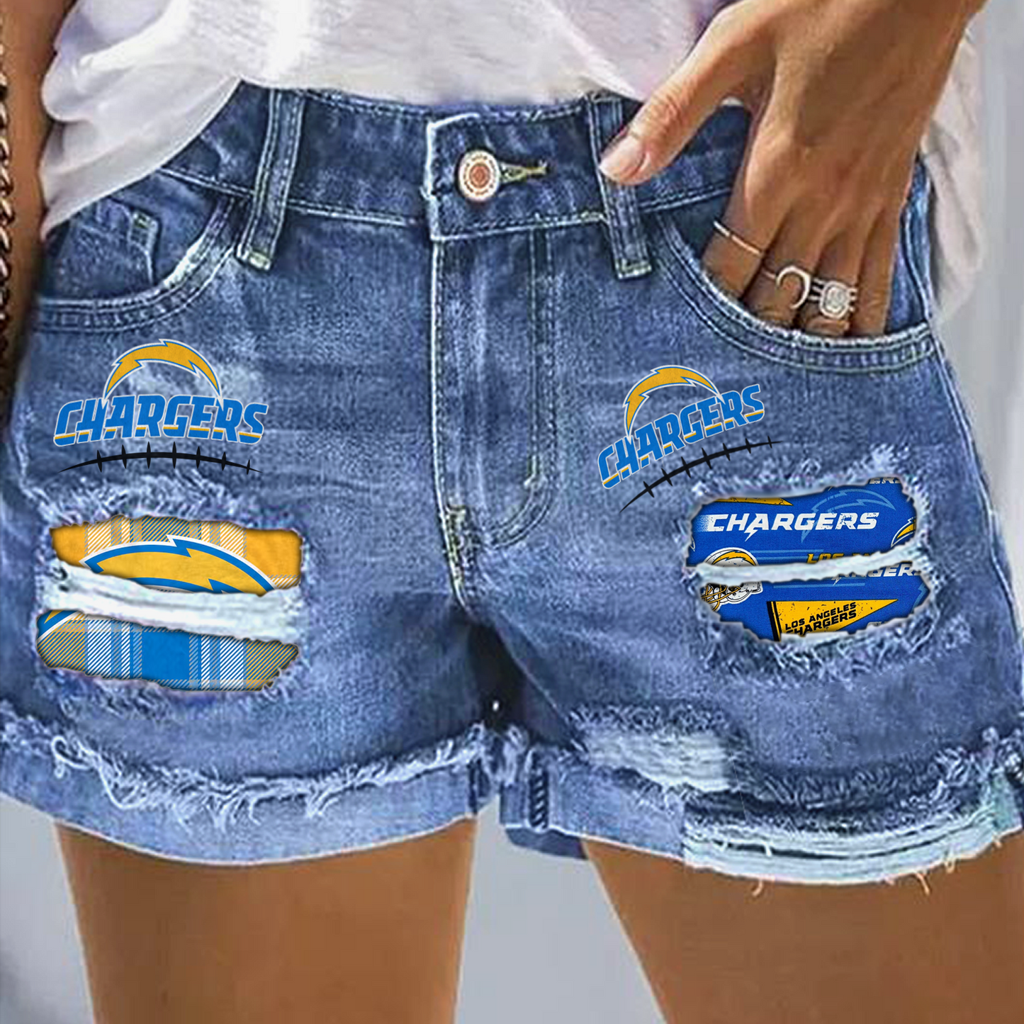 Los Angeles Chargers Rip Print Fashion Denim Shorts NDD
