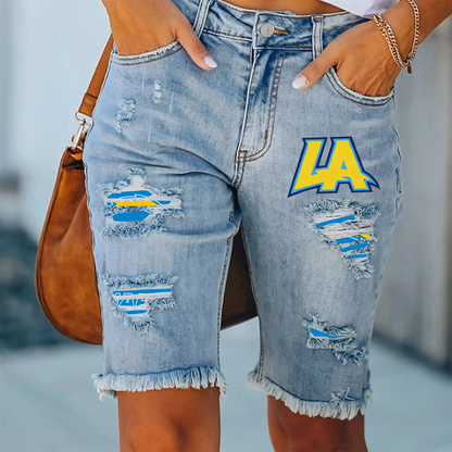 Los Angeles Chargers Ripped Print Fashion Quarter Denim Mid Length Pants NDD
