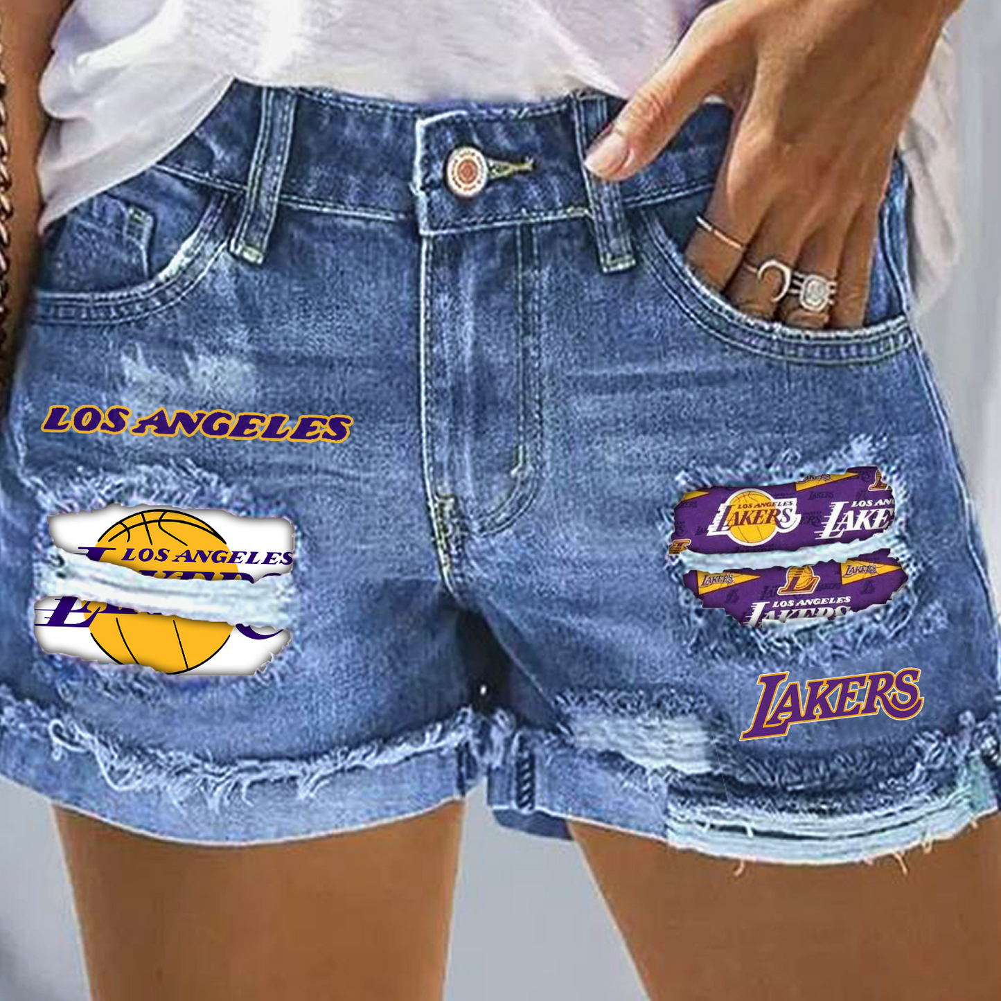 Los Angeles Lakers Rip Print Fashion Denim Shorts