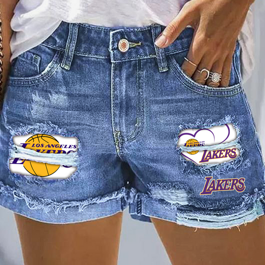 Los Angeles Lakers Rip Print Fashion Denim Shorts
