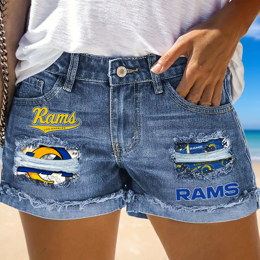 Los Angeles Rams Rip Print Fashion Denim Shorts NDD