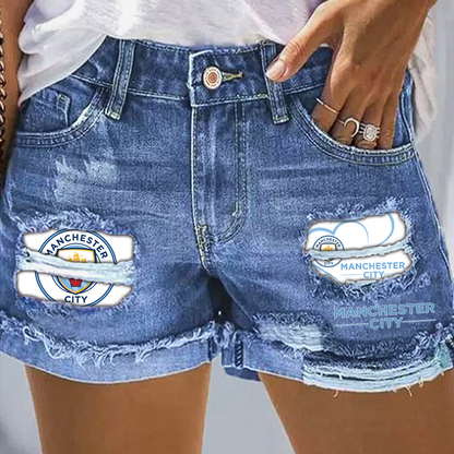 Manchester City Rip Print Fashion Denim Shorts