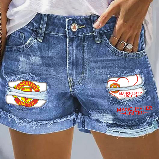 Manchester United Rip Print Fashion Denim Shorts
