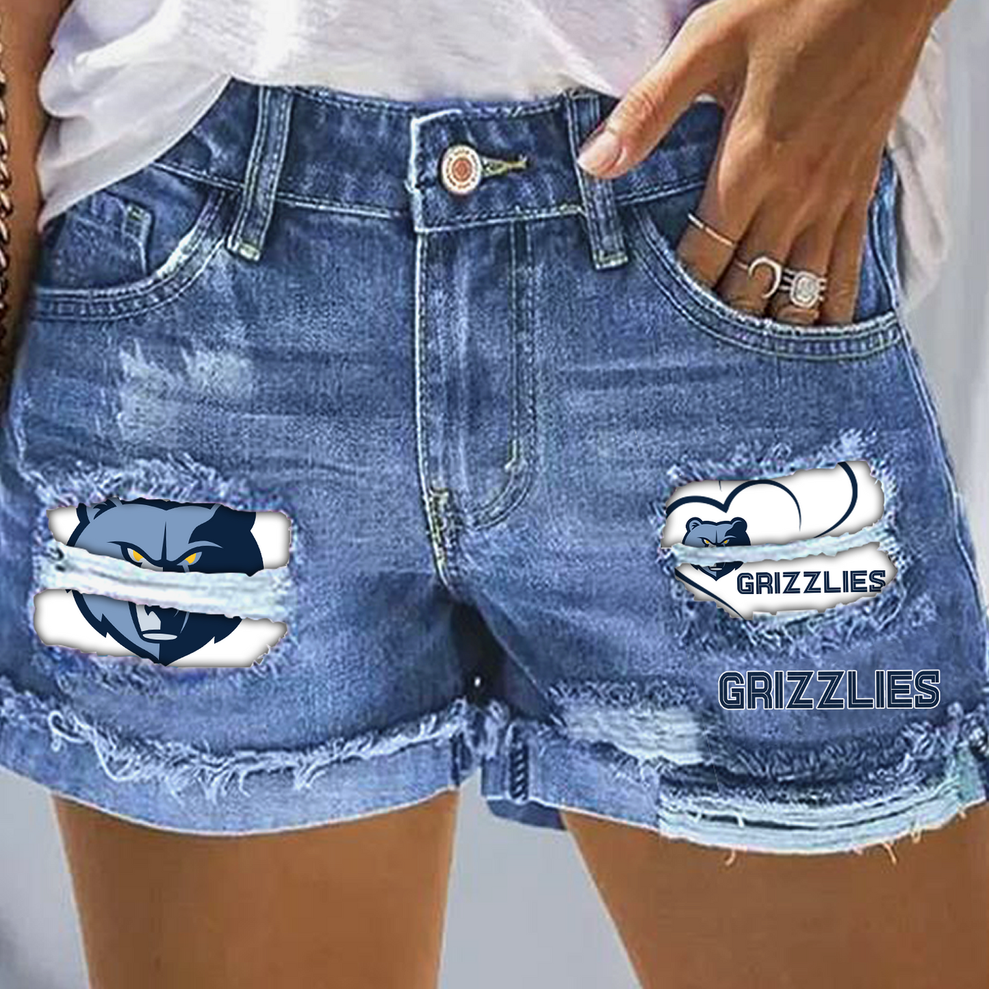 Memphis Grizzlies Rip Print Fashion Denim Shorts