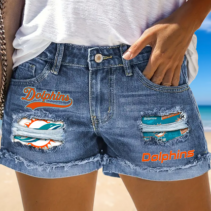 Miami Dolphins Rip Print Fashion Denim Shorts NDD