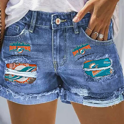 Miami Dolphins Rip Print Fashion Denim Shorts NDD